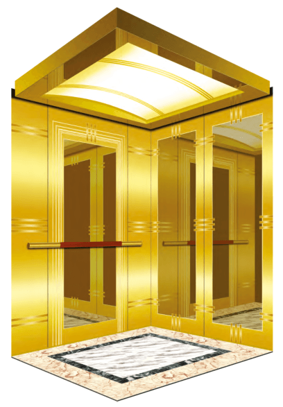 Luxury gold stainless steel home elevator interior with handrail