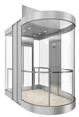 Round panoramic elevator with curved glass design