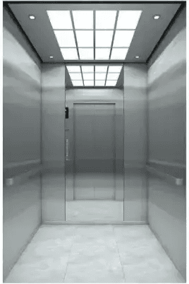 Passenger elevator cabin with mirror and stainless steel finish and grid LED ceiling