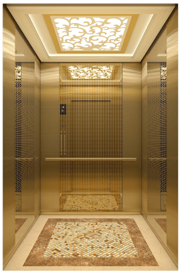 Luxury golden passenger elevator cabin with golden mirror etched stainless steel finish and ornate ceiling