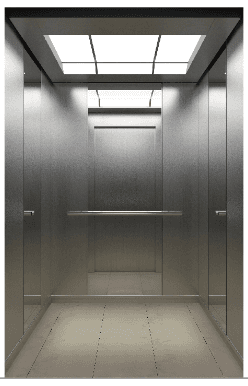 Passenger elevator cabin with mirror strip and matte etched stainless steel finish