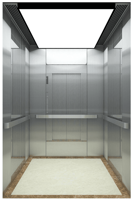 Passenger elevator cabin with vertical striped etched stainless steel walls and warm LED ceiling