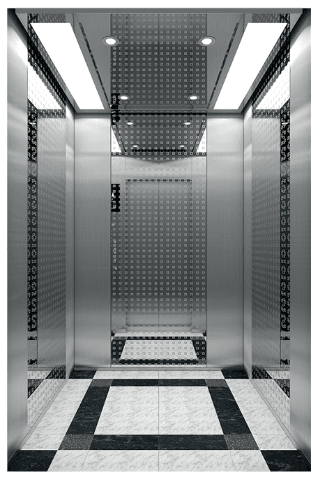 Passenger elevator cabin with pattern etched stainless steel panels and center mirror finish